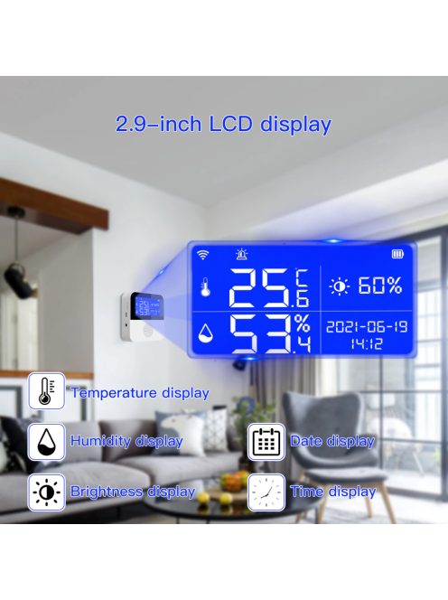 TUYA Hőmérsékletérzékelő, Páratartalom mérő és Fényérzékelő, külső szenzorral, WiFi, mobiltelefonos értesítés, Alexa és Google assistant
